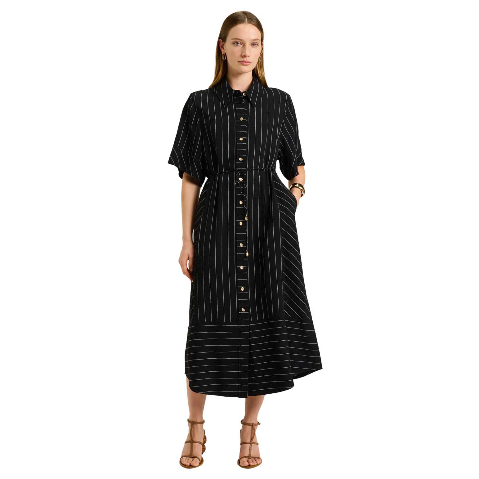 Veronika Maine Wide Pinstripe Tie Waist Shirtdress
